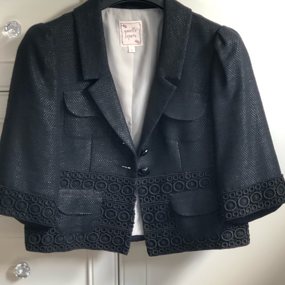 Nanette Lepore 2 piece skirt suit. Black with black embroidered fabric.